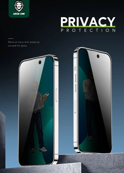 گلس تمام صفحه حریم شخصی iPhone 14 Pro مارک Green Lion مدل 9H Steve Privacy Full Glass