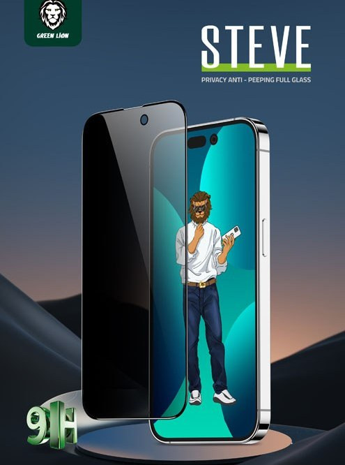 گلس تمام صفحه حریم شخصی iPhone 14 Pro مارک Green Lion مدل 9H Steve Privacy Full Glass
