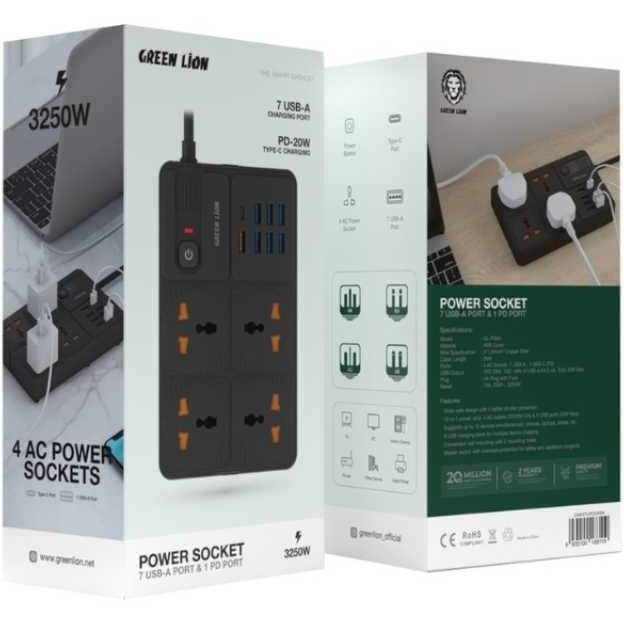 چند راهی برق گرین لاین مدل Power Socket 7 USB-A Port & 1 PD Port GNPS7UPDUKBK