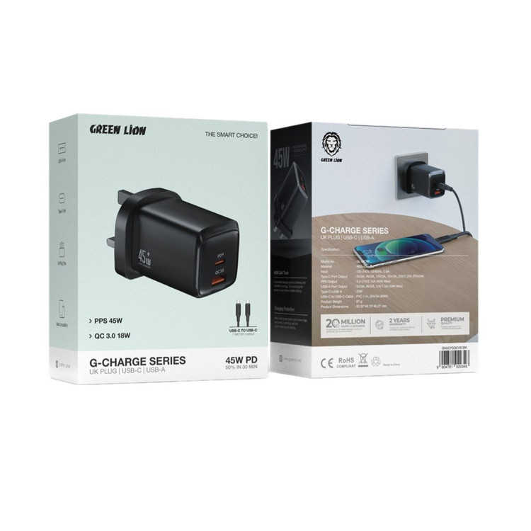 شارژر ۴۵ وات گرین لاین مدل Green Lion G-Charger Series 45w with 2 port