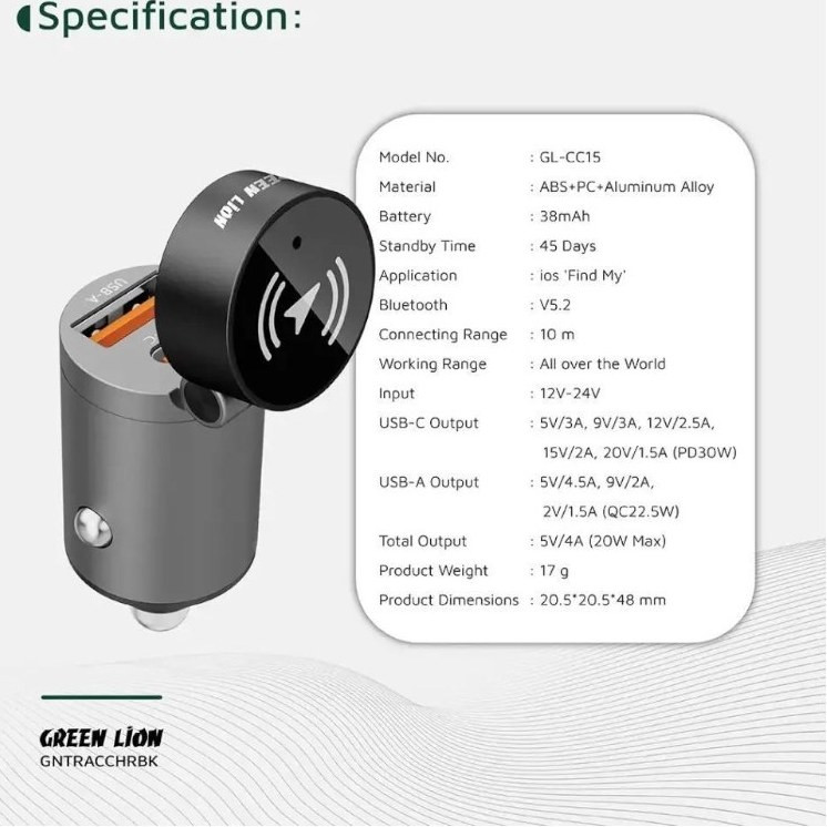 شارژر فندکی و ردیاب خودرو گرین لاین Green Lion Tracker Dual Port Car Charger