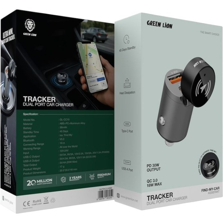 شارژر فندکی و ردیاب خودرو گرین لاین Green Lion Tracker Dual Port Car Charger