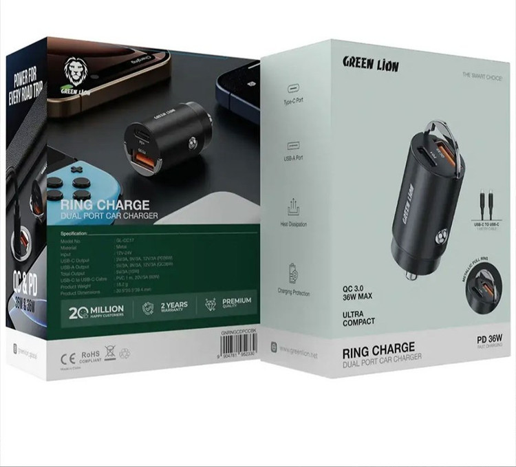 شارژر فندکی ماشین دو پورت با فناوری PD 36W گرین لاین مدل Ring Charge