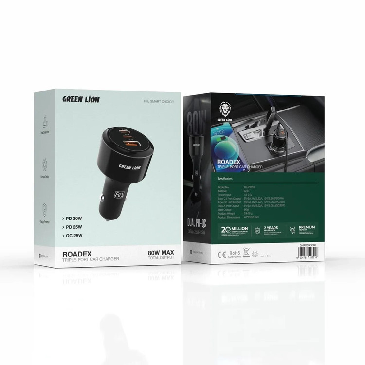 شارژر فندکی سه پورت گرین لاین مدل Roadex ظرفیت ۸۰ وات