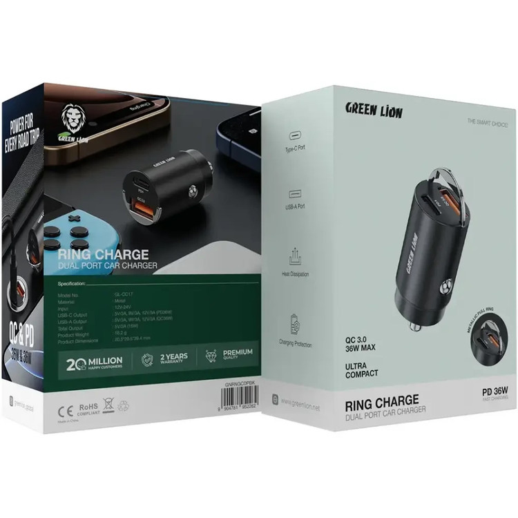 شارژر فندکی خودرو گرین لاین مدل Ring Charge ظرفیت ۳۶ وات دو پورت