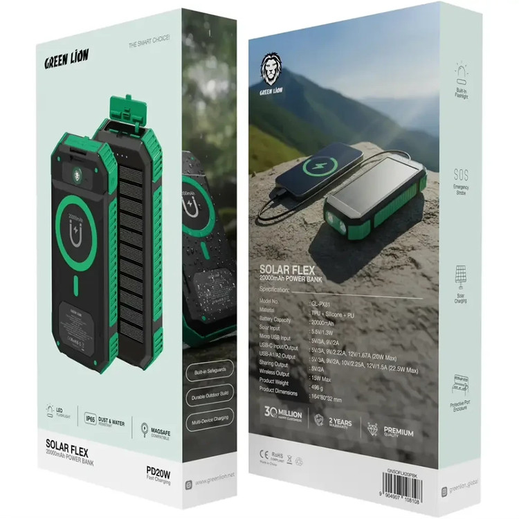 پاوربانک Solar Flex ظرفیت 20000 میلی آمپری گرین لاین Green Lion Solar Flex 20000mAh Power Bank