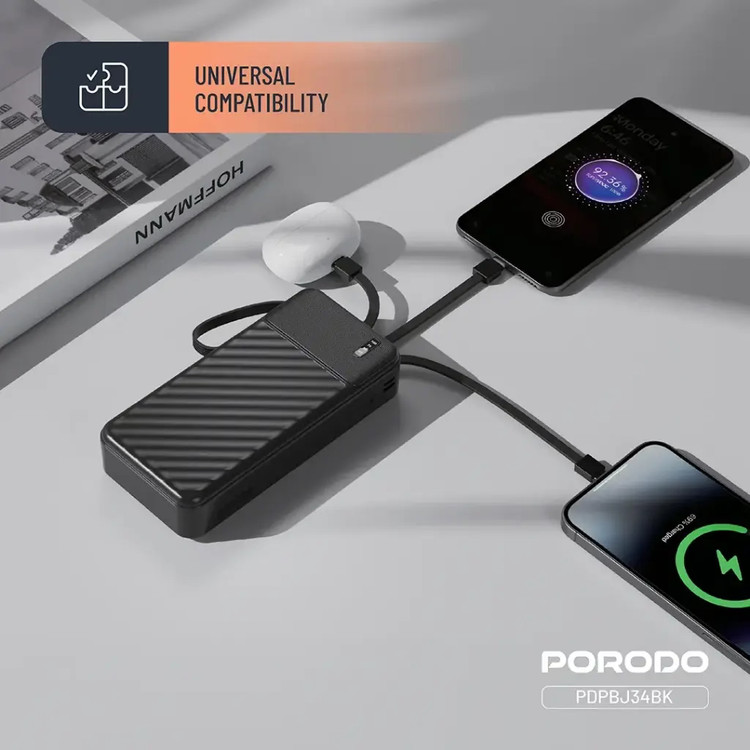 پاوربانک 20000 میلی آمپر پرودو با کابل متصل Porodo Piano 20000mAh Power Bank with Integrated Cables