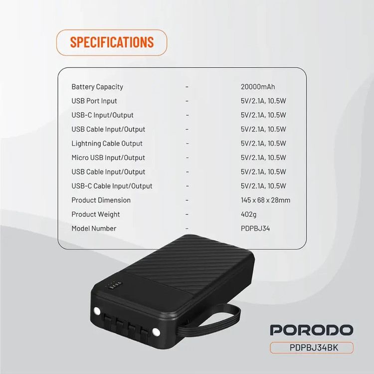 پاوربانک 20000 میلی آمپر پرودو با کابل متصل Porodo Piano 20000mAh Power Bank with Integrated Cables